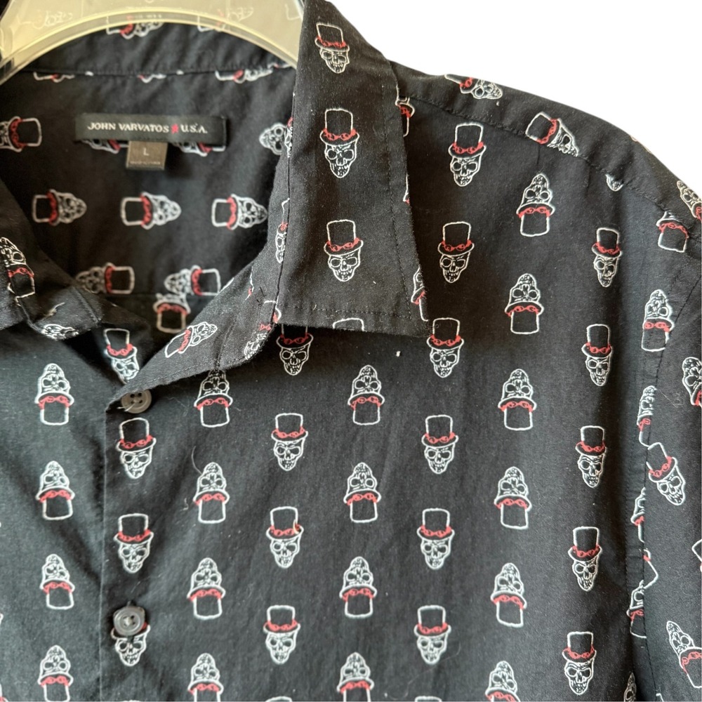 John Varvatos Mens Large Shirt Skull Top Hat AOP Short Sleeve VGUC Rocker